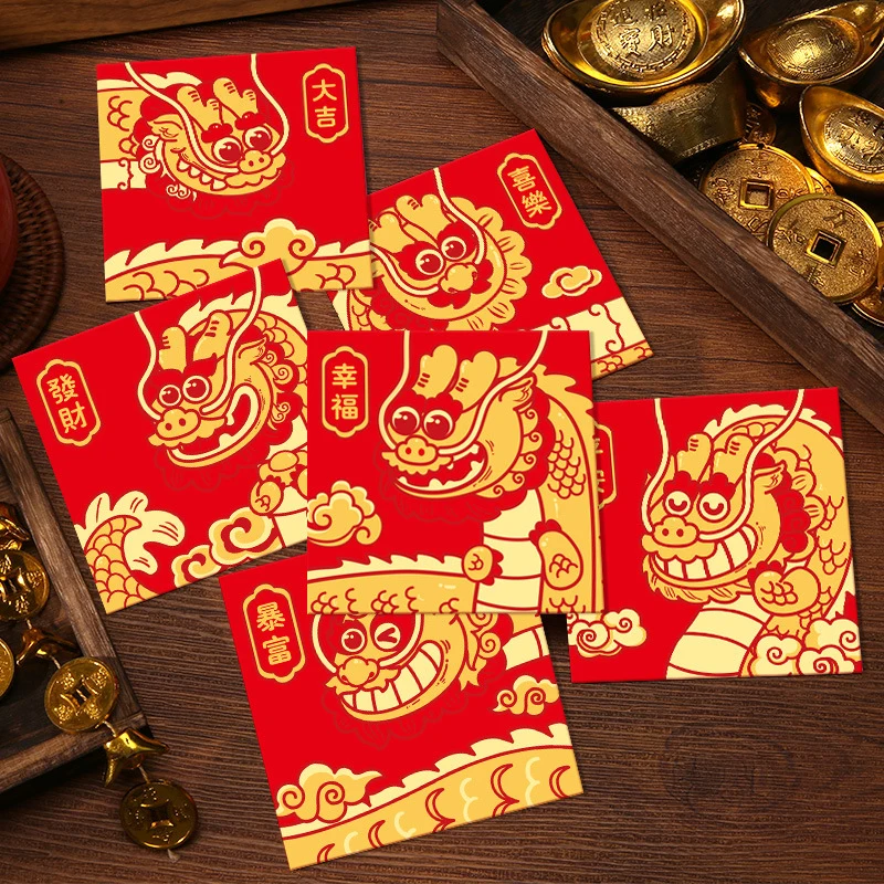 

6 шт., конверты с изображением дракона на 2024 год для праздника Весны, китайского Нового года, Hongbao для украшения лунного года
