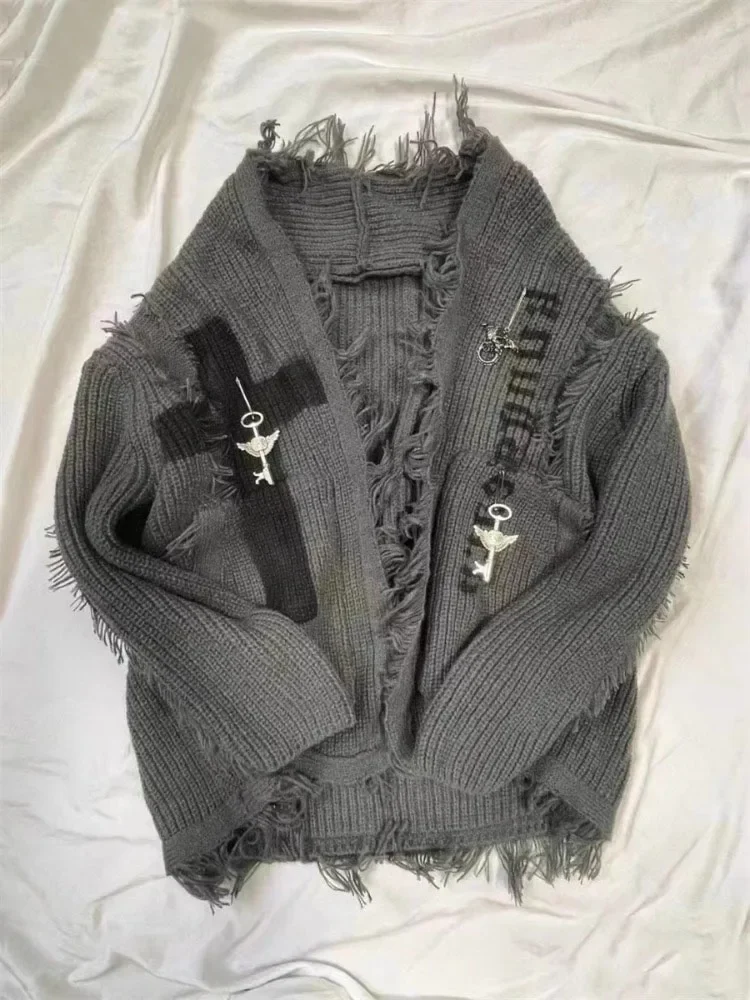 

Japanese Punk Gothic Cardigan Women Vintage Grunge Loose Ripped Sweaters Cross Knitted Coat Y2k Streetwear Harajuku Cardigans
