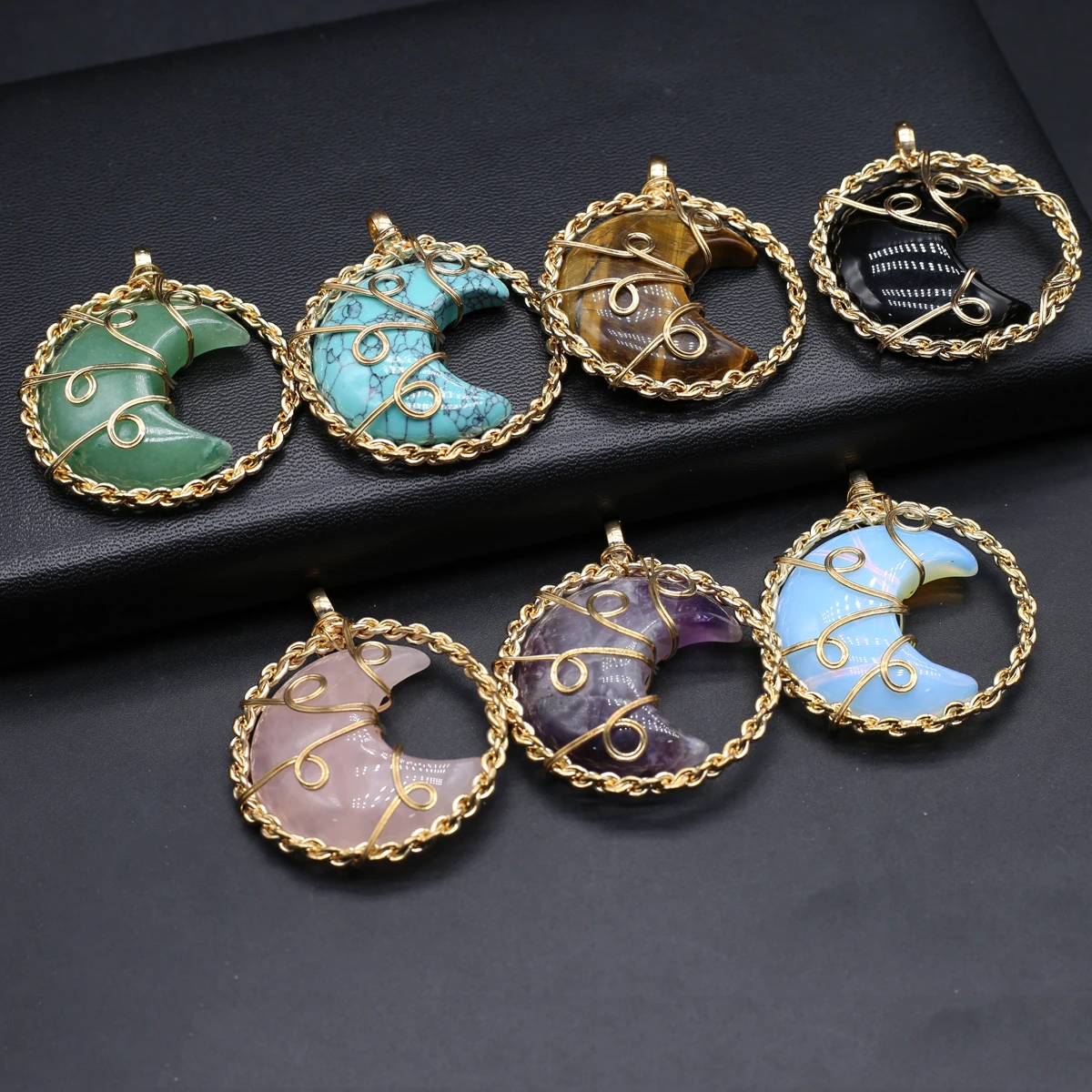 

10PCS Wholesale Random Natural Stone Moon Shape Turquoise Amethysts Pendant DIY Jewelry Making Necklace Earrings Accessories