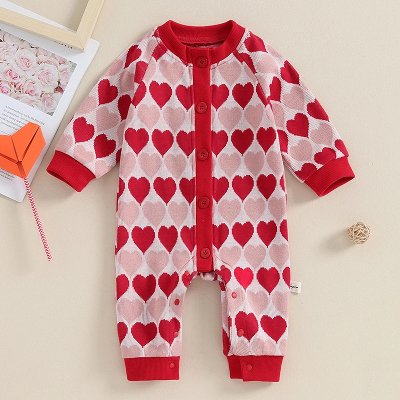 

My First Valentines Day Baby Girl Outfit Newborn Ruffle Long Sleeve Button Jumpsuit Heart Knit Bodysuit with Headband 0-24M