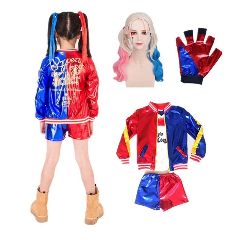 

Harley Carnival Suicide Alerquina Quinn Cosplay Squad Costumes Kids Girls Jacket Suit with Wig Gloves