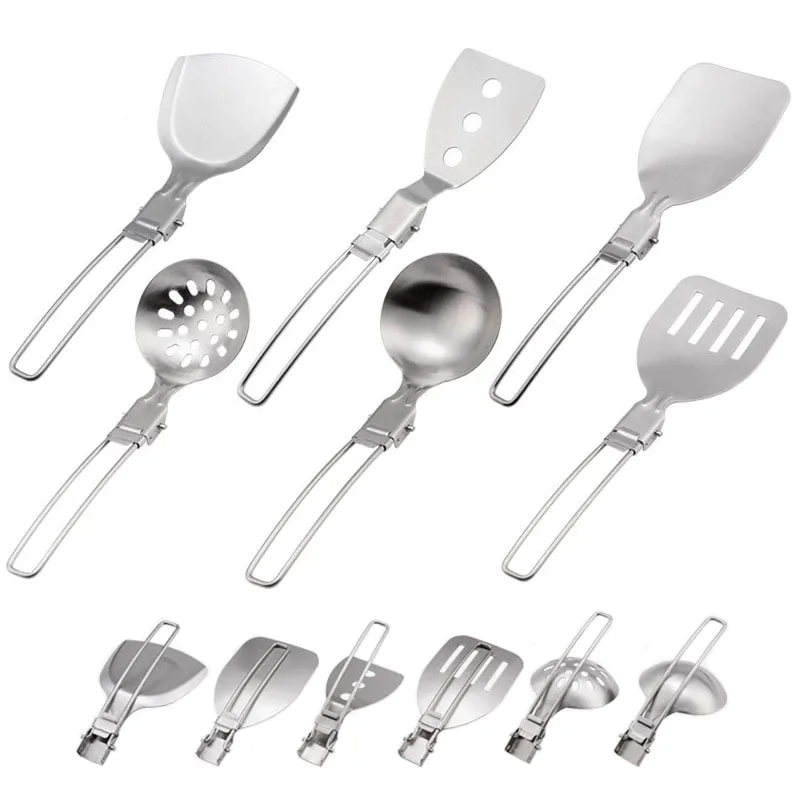 

Outdoor Camping Cooking Utensils Folding Stainless Steel Soup Ladle Spatula Slotted Spoon Food Turner Strainer Ladle Colander