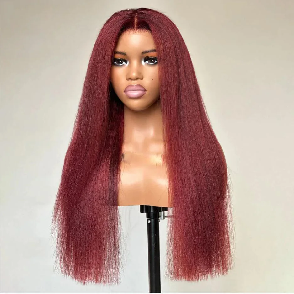 

Soft Yaki 26“Long 180Density Burgundy Kinky Straight 99j Lace Front Wig Wine Glueless Preplucked For Black Women BabyHair Daily