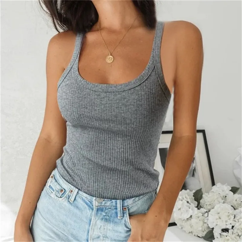 

Women Sleeveless Spaghetti Vest Quality Knitted Camis U-Neck Tank Tops Casual Solid Color Basic Camisole For Female 2024