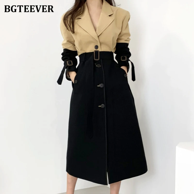 

BGTEEVER Autumn Winter Loose Patchwork Trench Coats Women Vintage Lapel Full Sleeve Belted Single-breasted Ladies Windbreaker