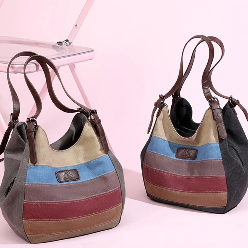 Vintage Canvas Shopper Bag Women's Shoulder Bag with Large Capacity Unisex Rainbow Stripe Tote Bag
Vintage Canvas Shopper Bag Women's Shoulder Bag with Large Capacity Unisex Rainbow Stripe Tote Bag