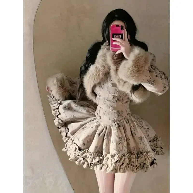 

French Vintage Haute Couture Short Fur Collar Jacket+waistband Double Breasted Slimming Suspender Fluffy Princess Dress Set