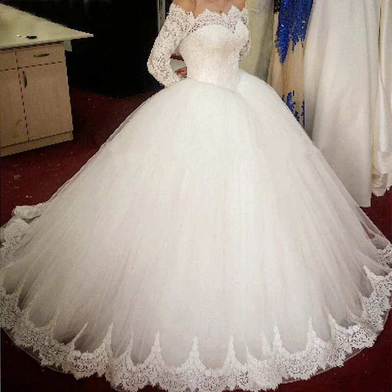 

Романтическое кружевное свадебное платье ZJ9151 с вырезом лодочкой, открытыми плечами и длинным рукавом, с кружевной аппликацией для невесты