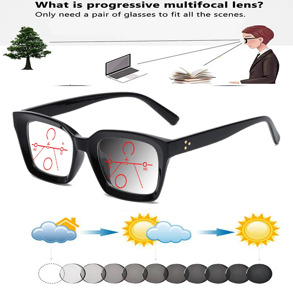 

Oversized Rectangular Outdoor Handcrafted Frame Photochromic Progressive Multifocal Reading Glasses +0.75 To +4