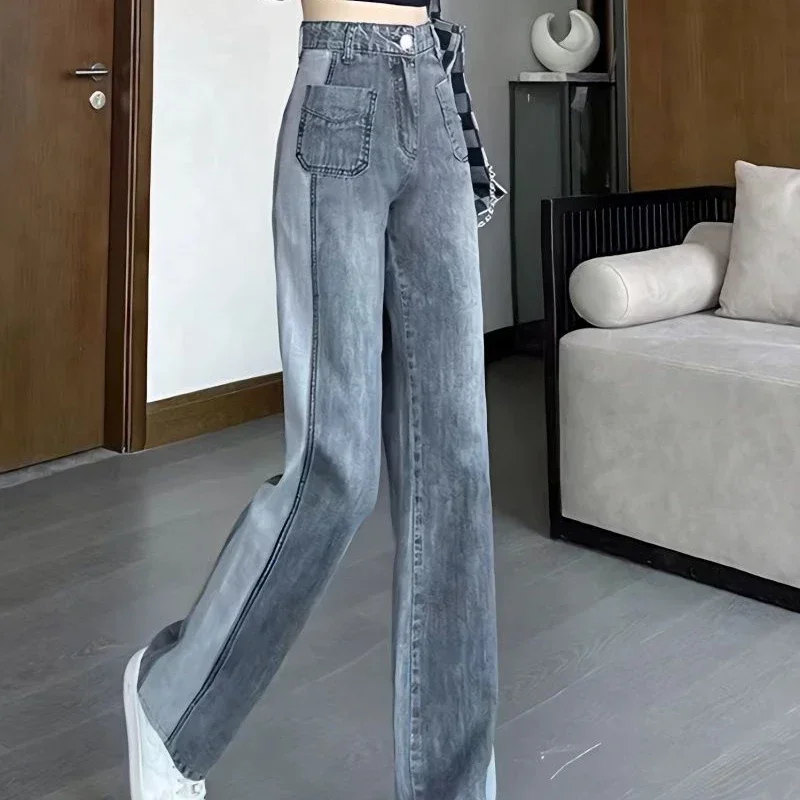 

Gray Women's Jeans with Pockets Pants for Woman High Waist Shot Straight Leg Trousers Streetwear 90s Cheap Chic and Elegant A R