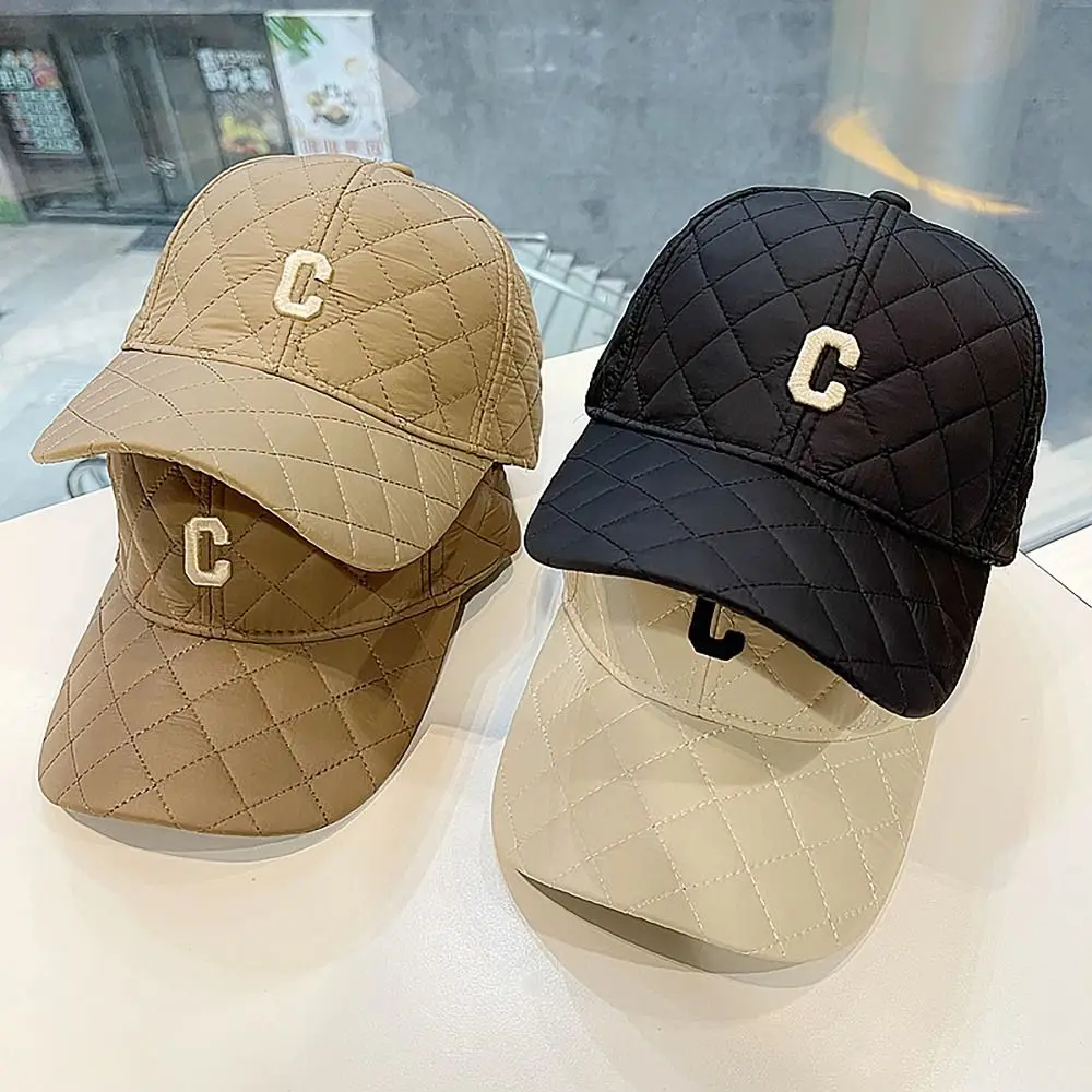 

C Embroidery Diamond Lattice Baseball Cap Down Cotton Winter Warm Embroidery Letter Hats Ajustable Size Hip Hop Cap
