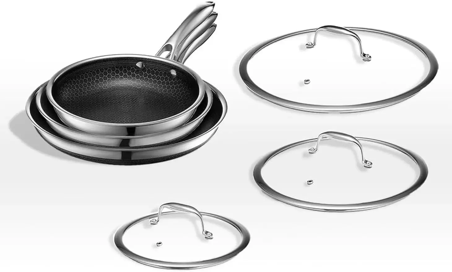 

HexClad Hybrid Nonstick Fry Pan Set, Frying Pans with Tempered Glass Lids, Stay-Cool Handles, Dis, 8 ", 10 12 6 Pcs