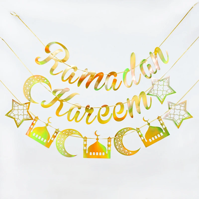 

Golden Ramadan Kareem Banner Glitter Star Moon EID Mubarak Bunting Islamic Muslim Festival Decoration For Home Al-Fitr Eid Gife