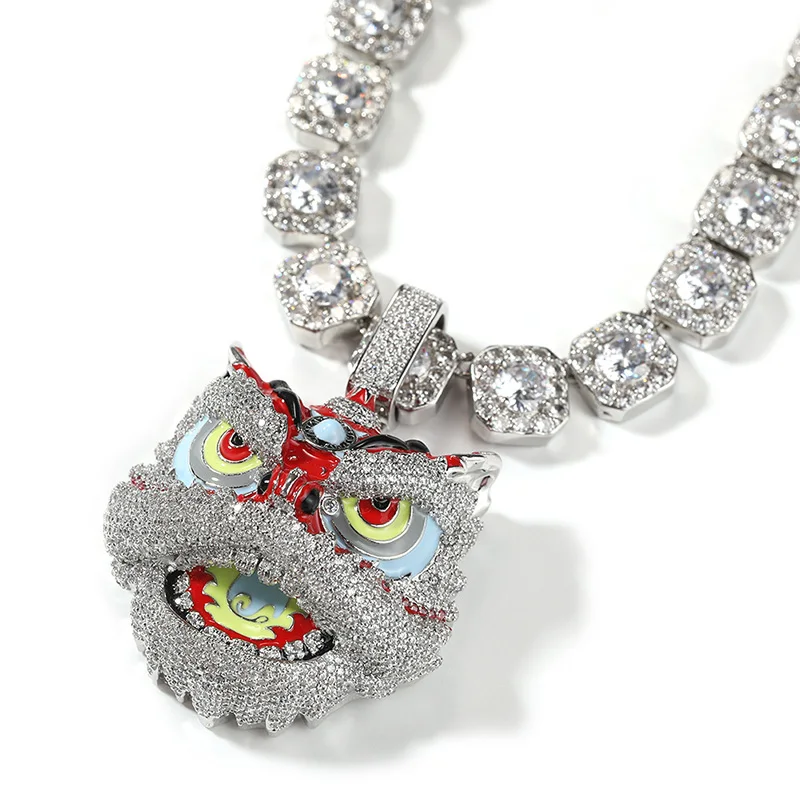 

Hip Hop 5A+ CZ Stone Paved Bling Iced Out Lion Dance Lion Head Pendants Necklace for Men Rapper Jewelry Silver Color