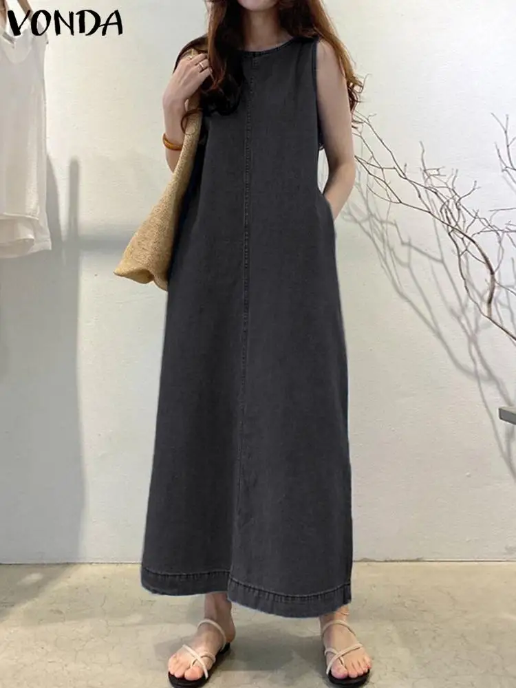 

Модное джинсовое платье-рубашка VONDA 2024, Женский плиссированный длинный сарафан, повседневный свободный халат без рукавов, летнее однотонное ТРАПЕЦИЕВИДНОЕ Макси-платье