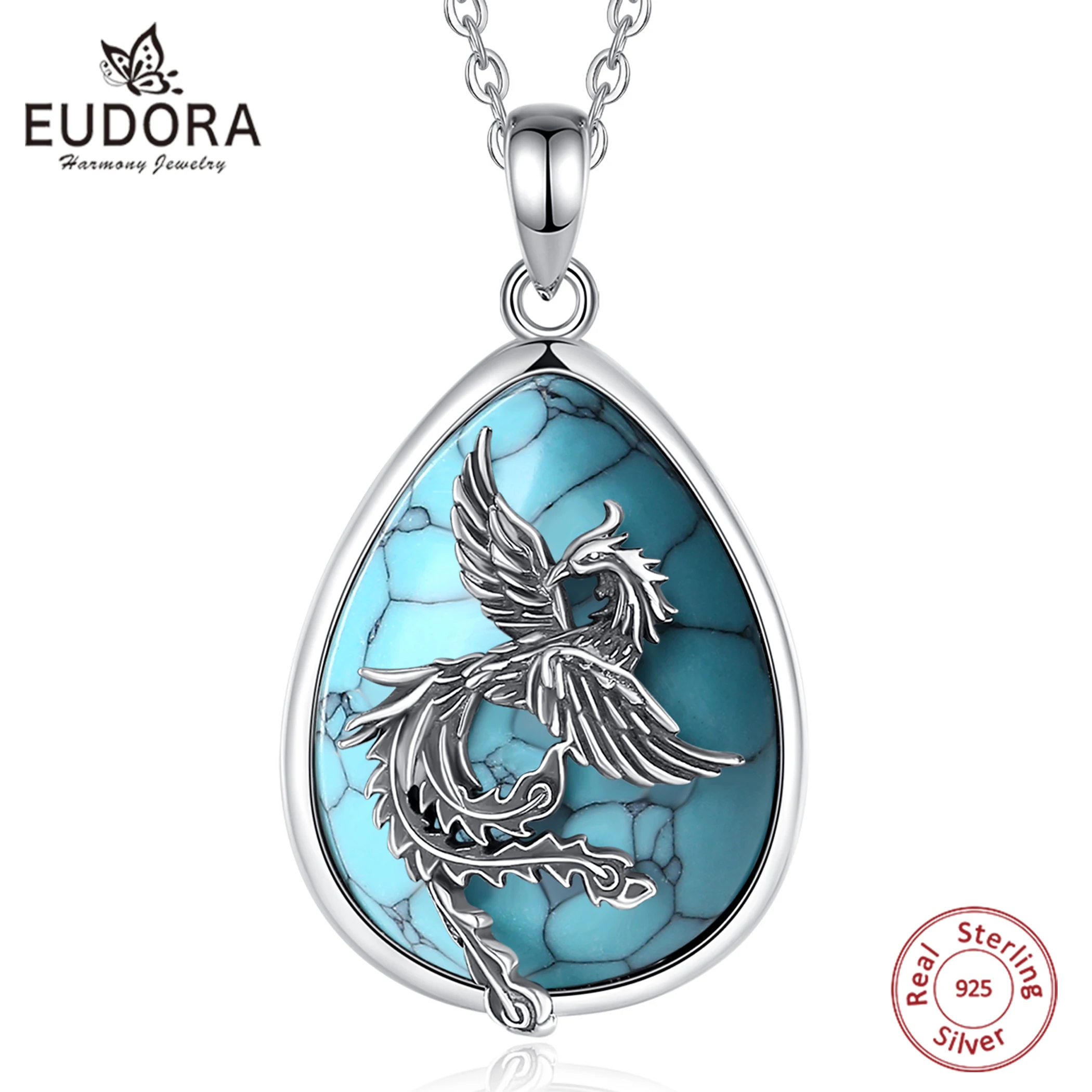 

Eudora Original 925 Sterling Silver Phoenix Neckalce for Women Men Vintage Phoenix Turquoise Pendant Personality Jewelry Gift