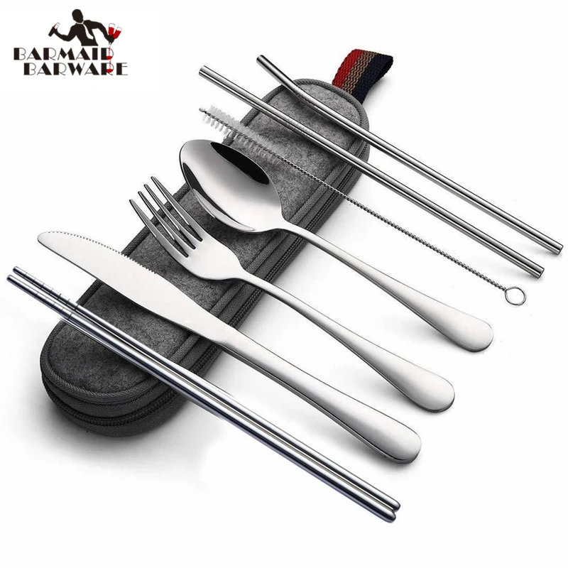 

8pcs/set Tableware Reusable Travel Cutlery Set Camp Utensils Set with stainless steel Spoon Fork Chopsticks Straw Portable Case