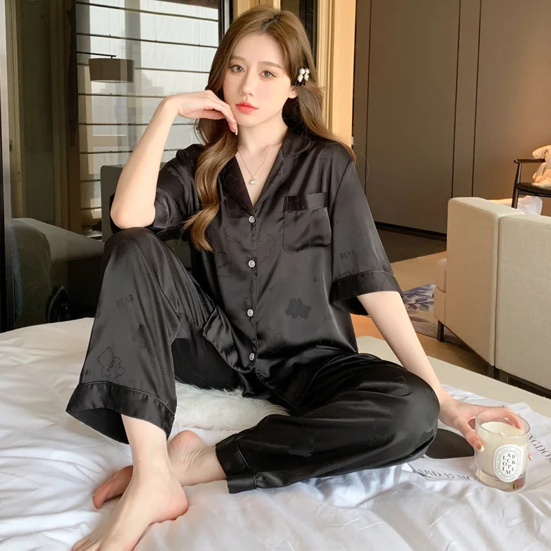 Pajamas Women's Summer Thin Ice Silk Short Sleeve Cartoon Little Bear Set 2023 New Spring And Autumn Long Pants Home Wear Button
Pajamas Women's Summer Thin Ice Silk Short Sleeve Cartoon Little Bear Set 2023 New Spring And Autumn Long Pants Home Wear Button