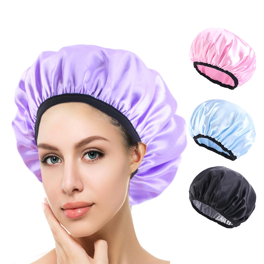 

Women Double Satin Waterproof Shower Cap Reusable Multicolor Fashion Solid Beauty Hat Hotel Travel For All Hair Working Dust Cap