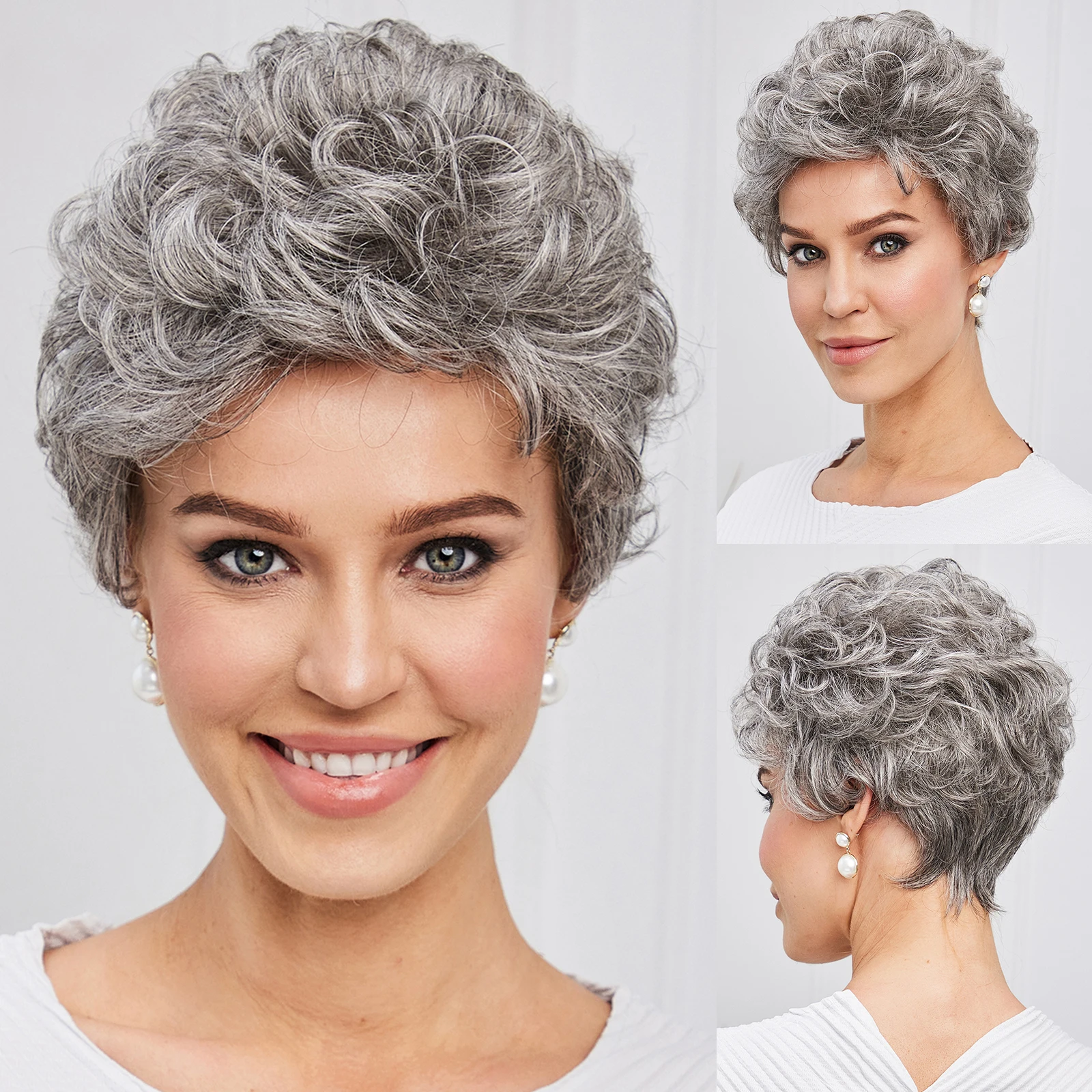 

Human-hair Like Texture Gray Wigs for Women Momy Short Silver Gray Wavy Curly Wigs for Women Grey Layered Pixie Cut with Bangs