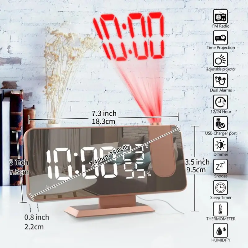 

Digital Alarm Clock Radio Projection Multifunction Bedside Time Display Radio With Temperature And Humidity Mirror Clock