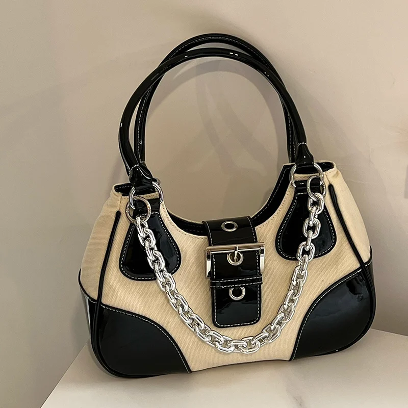 

Patent Leather Canvas Metal Chain Designer Bags Sweet and Cool Nylon Underarm Female Ladies Handbags Sale with Free Shipping