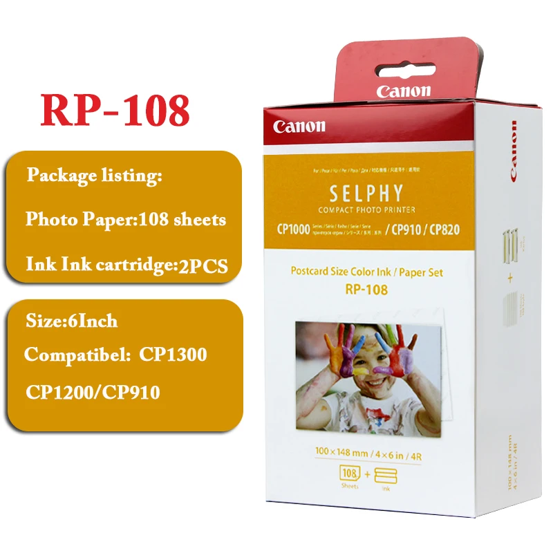 Original CANON RP-108 100*148mm(6 inch) sheets and 2 Ink Cartridge for Canon Selphy Photo Printer CP800 CP910 CP1200 CP1300
Original CANON RP-108 100*148mm(6 inch) sheets and 2 Ink Cartridge for Canon Selphy Photo Printer CP800 CP910 CP1200 CP1300