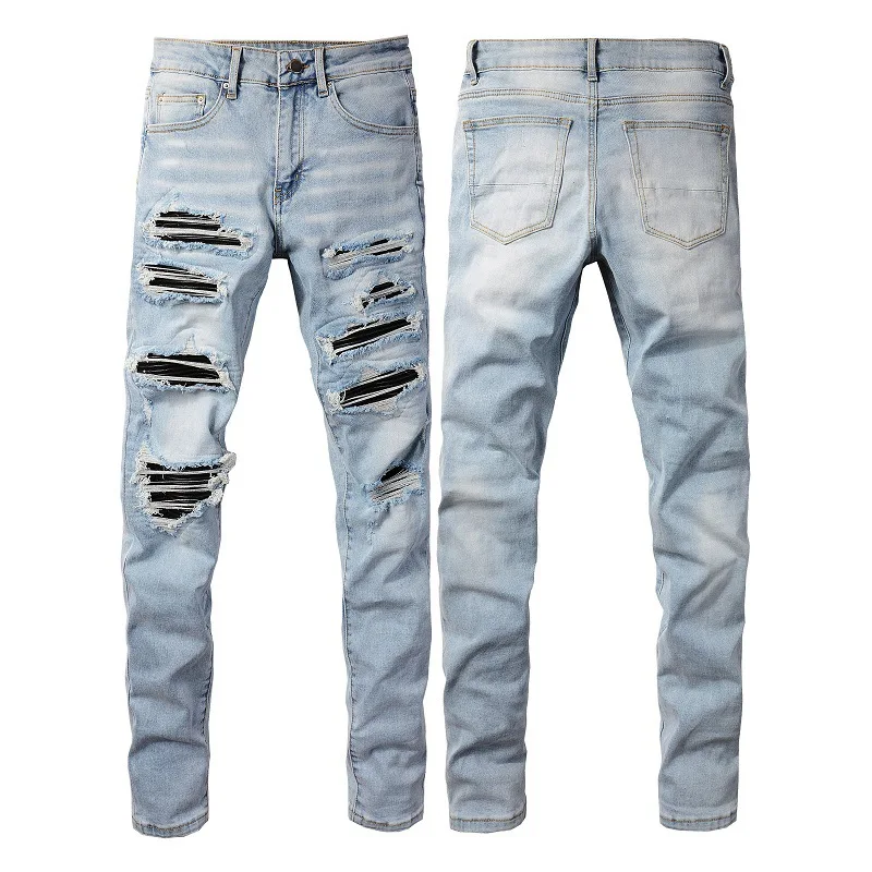 American high street slim fit elastic versatile light blue patchwork jeans Korean Fashion Streetwear pants
American high street slim fit elastic versatile light blue patchwork jeans Korean Fashion Streetwear pants
