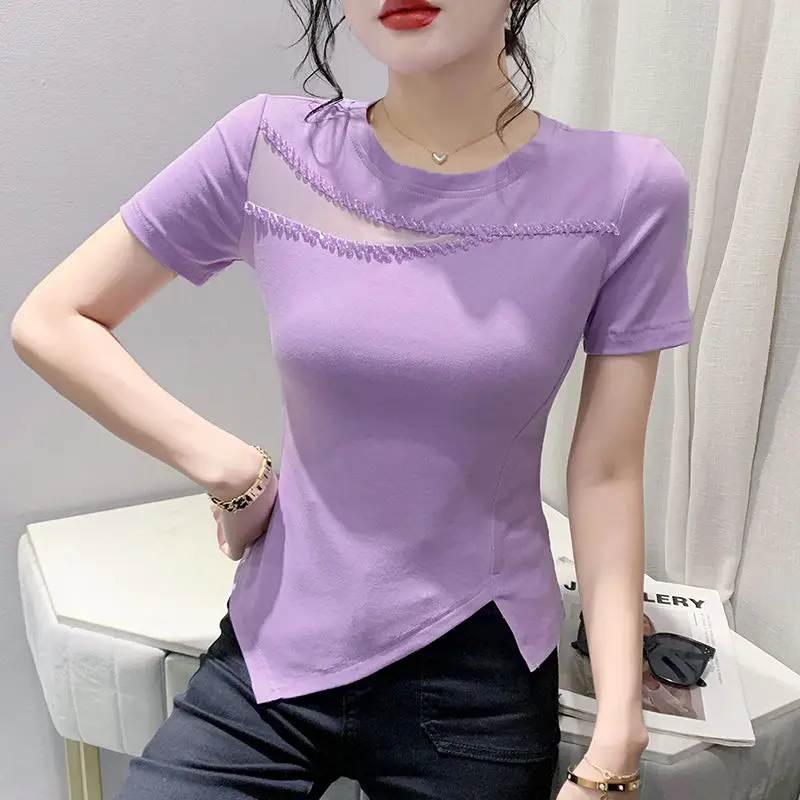 

Fashion Simple Asymmetrical Short Sleeved T-shirt Women's Solid Round Neck Gauze Hollow Out Patchwork Embroiled Flares Slim Top