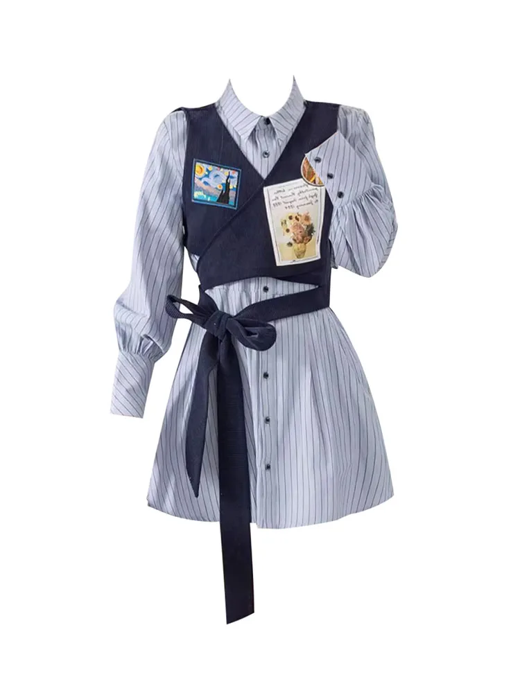

Preppy Style One-Piece Frocks Polo Collar Shirt Dress Stripe Design Gyaru Kpop Patchwork A-Line Dress Classical Japanese Fashion
