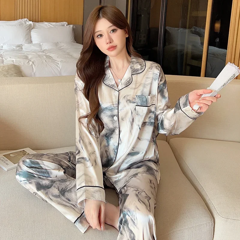 

Women 2 Piece Pajamas Set Ink Floral Pijama Faux Silk Satin Pyjama Female Sleepwear Long Sleeve Lapel Shirt Pants Suits Homewear