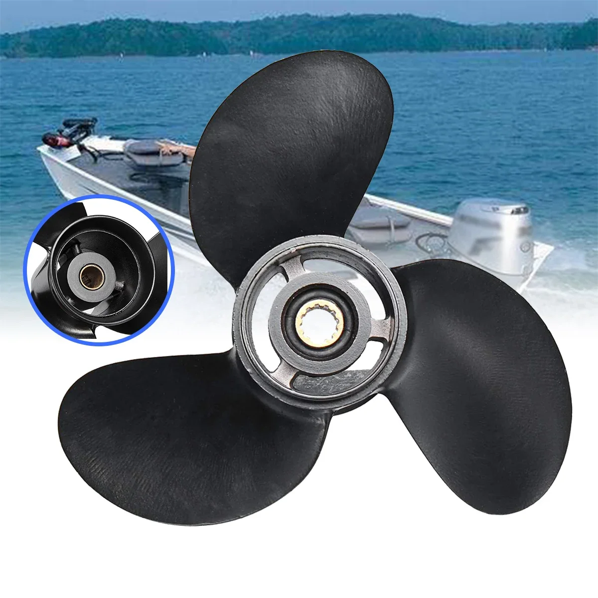 

8-9.8HP 3 Blades Aluminum Alloy 3B2W64517-1 8.5X9 Outboard Propeller Boat for Tohatsu Nissan-Mercury 12 Spline Tooths Black