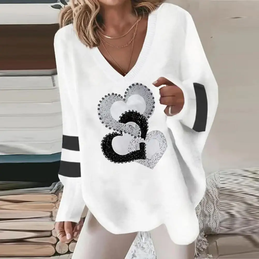 

Блузка женская свободного покроя с принтом в полоску, шикарный пуловер с V-образным вырезом, свободная футболка с длинным рукавом и принтом кота, асимметричная, на весну