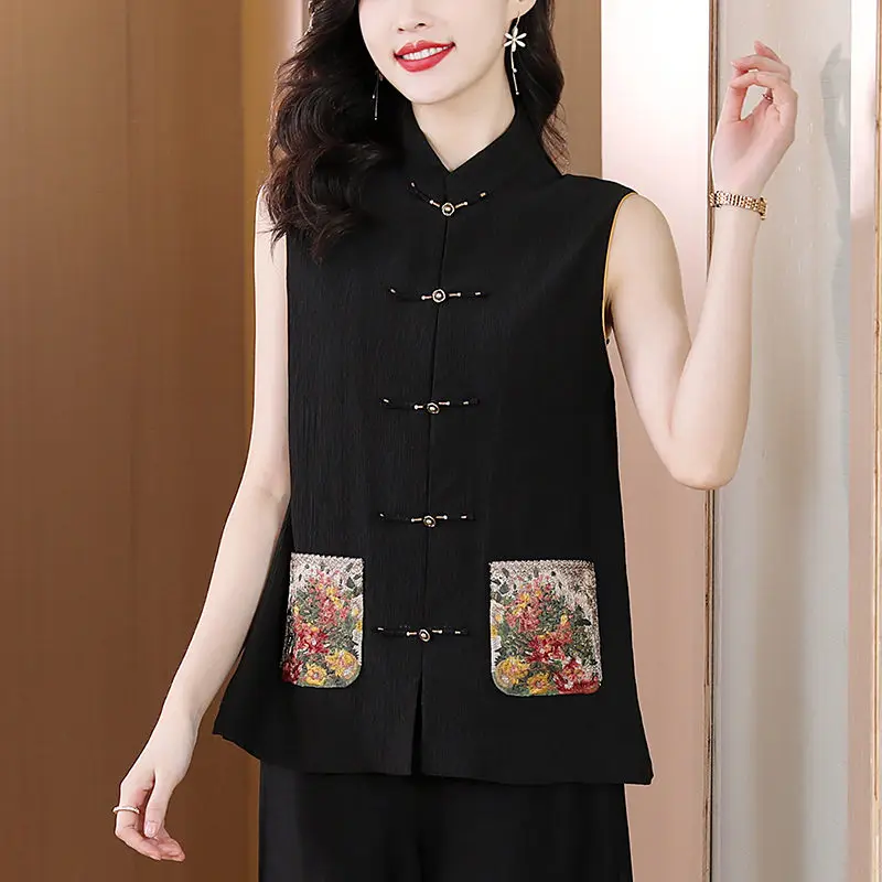 

Chinese-Style Jacket Vest Top For Women Spring And Summer 2023 New High-End Fashion Cardigan Embroidered Pocket Waistcoat Z456