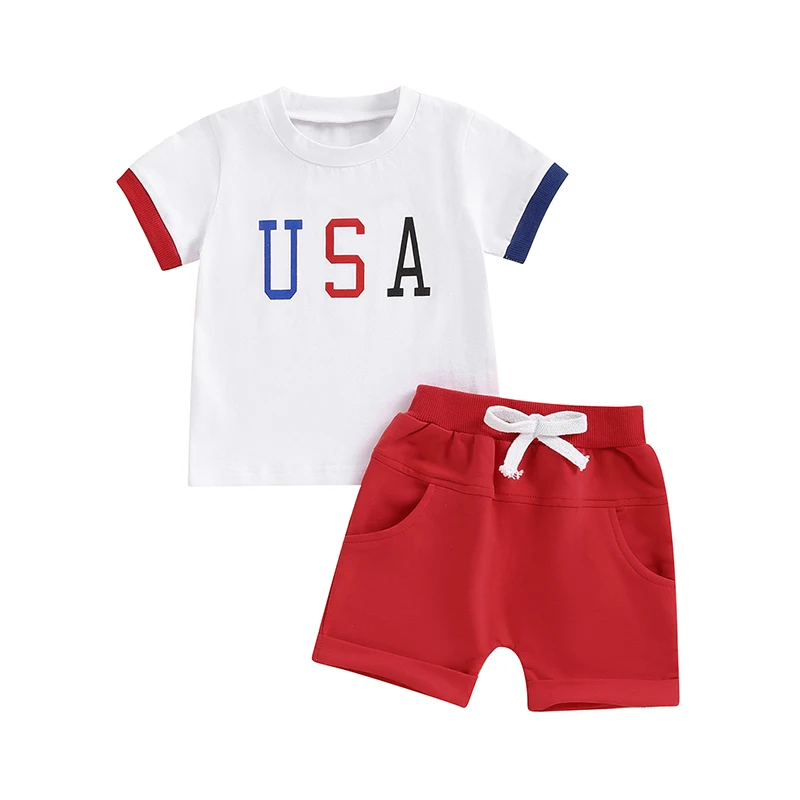 

Baby Boy 4th of July Outfits Round Neck Short Sleeve Letter Print Tops + Elastic Waist Shorts Independence Day Set for Toddler