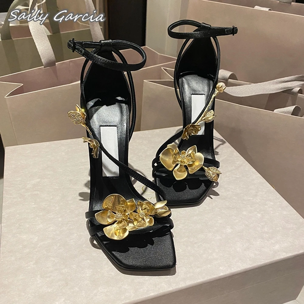 

Silk Gold Flower With Pearl Narrow Band Sexy Sandals One Word Belt Side Empty Luxury Pumps Open Toe Romantic Stiletto High Heel