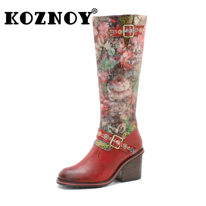 

Koznoy 6cm Print Cloth Sheepskin Leather Knee High Booties Women Chimney Autumn Chunky Heels Zip Spring Boots Lady Fashion Shoes