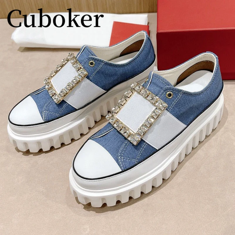 

Famous Brand Multicolor Canvas Casual Women Sneakers Square Crystal Thick Bottom Shoes Runners Shoes Luxury Ladies Trainers