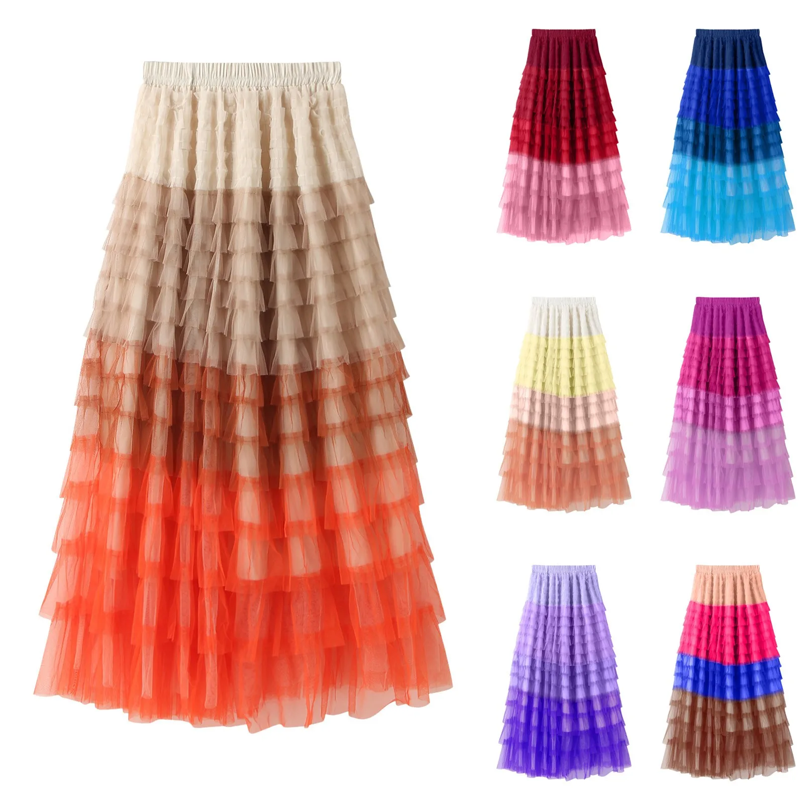 

Spring And Summer Color Blocked Cake Skirt High Waisted Contrasting Ruffles Spliced Mesh Skirt Long Tutu Long Skirt with Slit