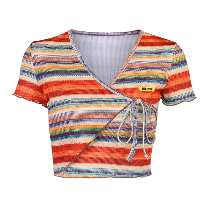 

Bandage All-Match Irregular Criss Cross Fashion Casual Cropped Shirt Summer Women Short Sleeve V-Neck Multicolor Stripe Crop Top