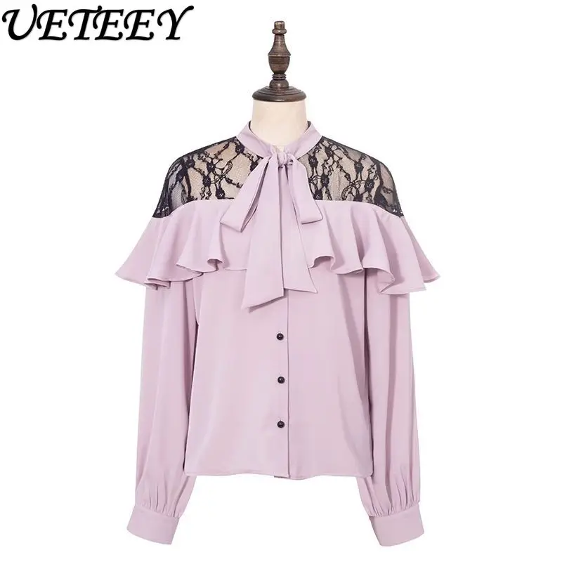 

Mine Series Mass-Produced Lolita Shirt Girls 2024 Summer New Women's Light Pink Top Bow Ruffled Lace Long Sleeve Blouse Blusas