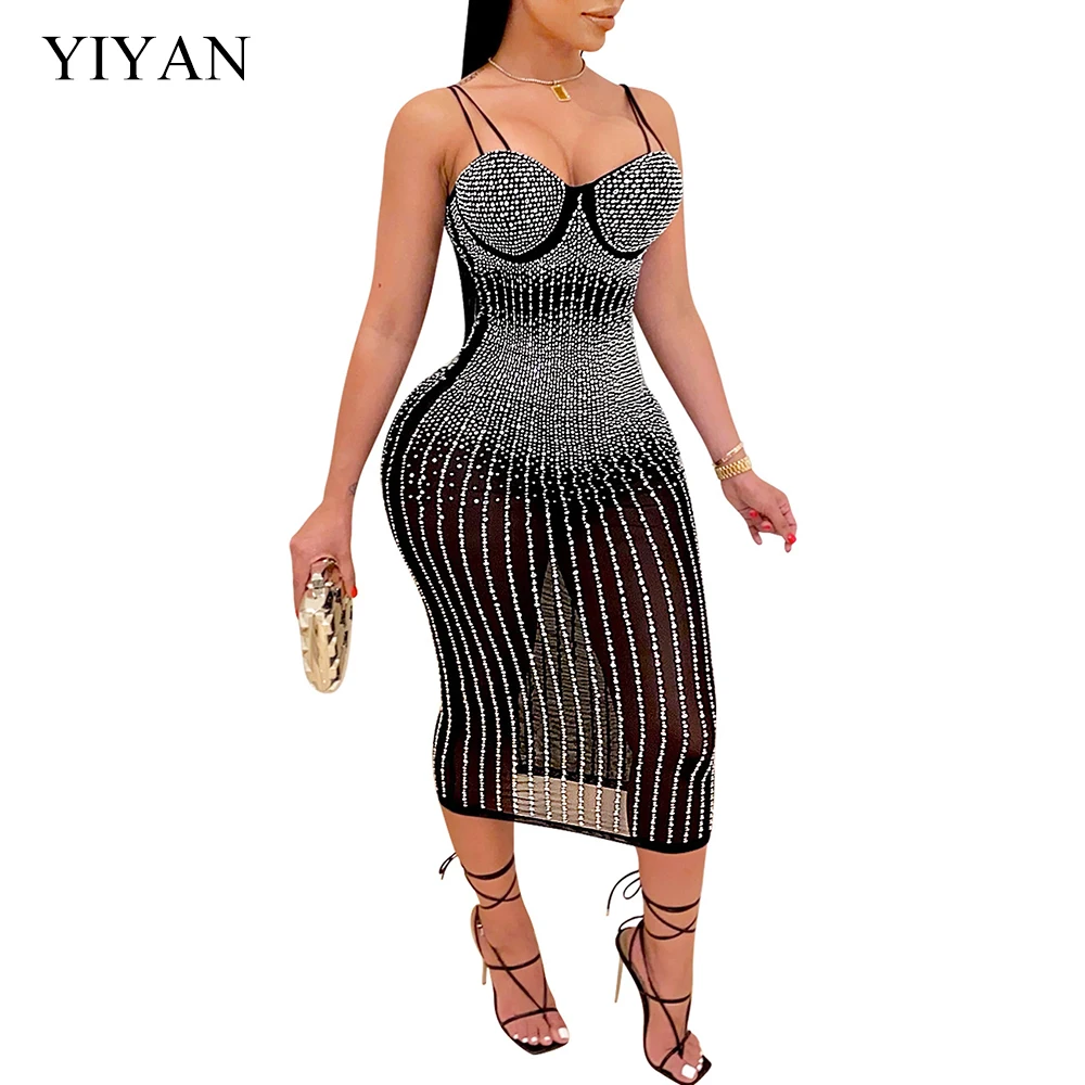 

YIYAN Sheer Mesh Crystal Embellished Sexy Bodycon Midi Dress Party Night Club Rhinestone Diamonds Sparkly Double Spaghetti Strap