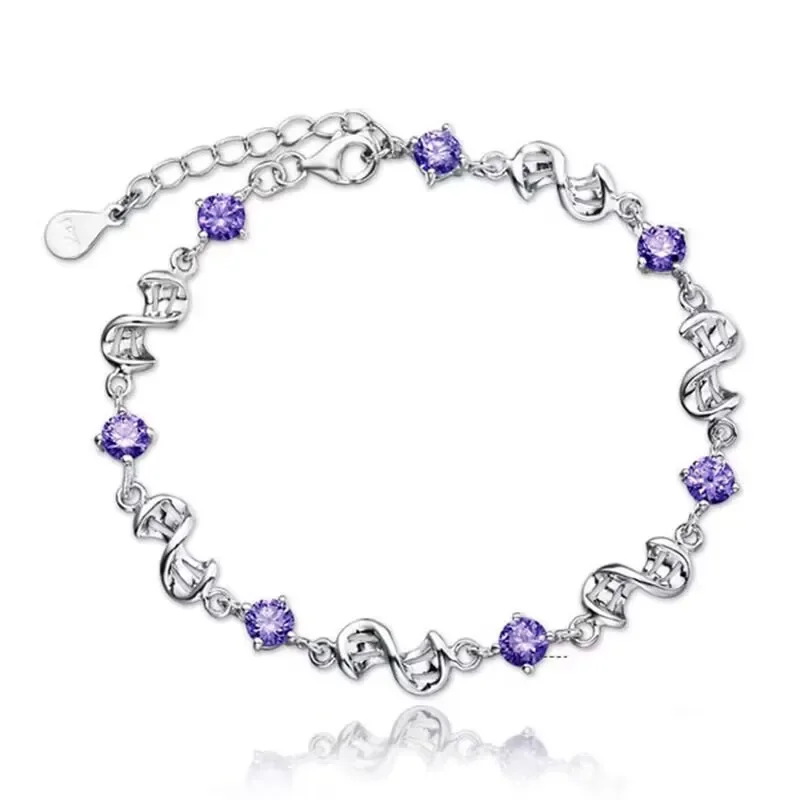 

JewelryTop Store 925 Sterling Silver Bracelet Jewelry White Purple Retro Wedding Shaped Cubic Zirconia Length 17CM+4CM