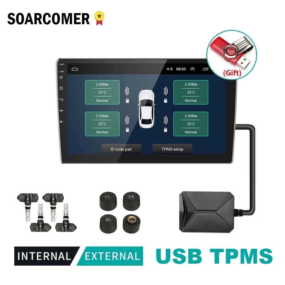

Android TPMS USB Tire Pressure Monitoring System Spare Tyre Internal External Sensor For Car Radio DVD Player Temperature Alarm