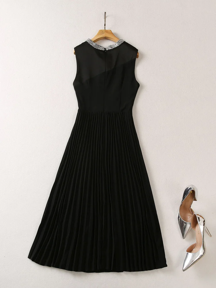 

Luxury Beading O Neck Sleeveless Party Dress Black Women Summer Elegant Midi Pleated Vestidos Formal Occasion Robe Femmes