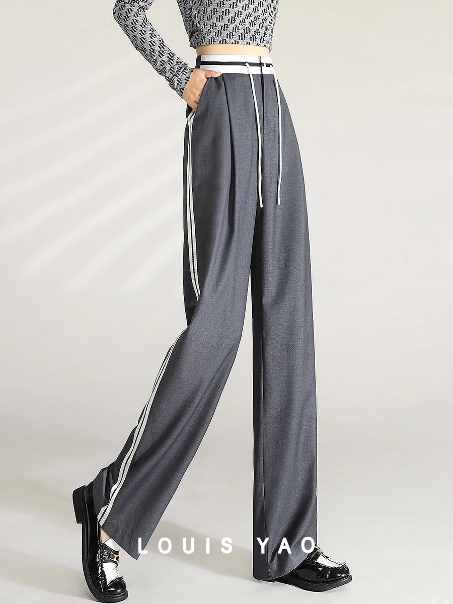 

LOUIS YAO Women Pants 2024 Spring New Contrast Color High Waist Drawstring Wide Leg Straight Loose Fit Casual Gray Black Trouser