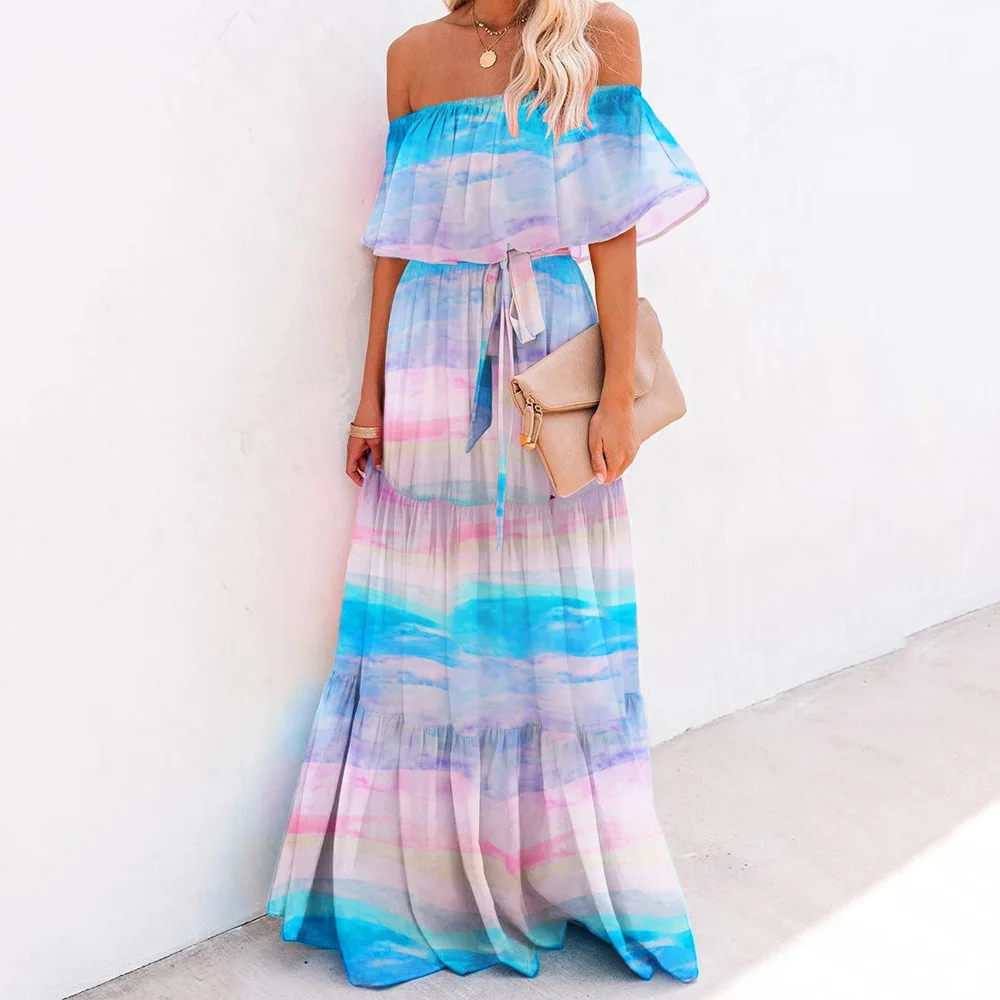 

Wepbel Summer Beach Dress Women Wrapped Chest Floral Print Swing Dress Blue Off Shoulder Slash Collar Maxi Bohe Long Dress