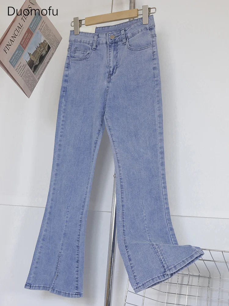 

Duomofu Summer Light Blue Chicly Split Casual Female Flare Jeans Basic Elastic High Waist Slim Fashion Simple S-2XL Women Jeans