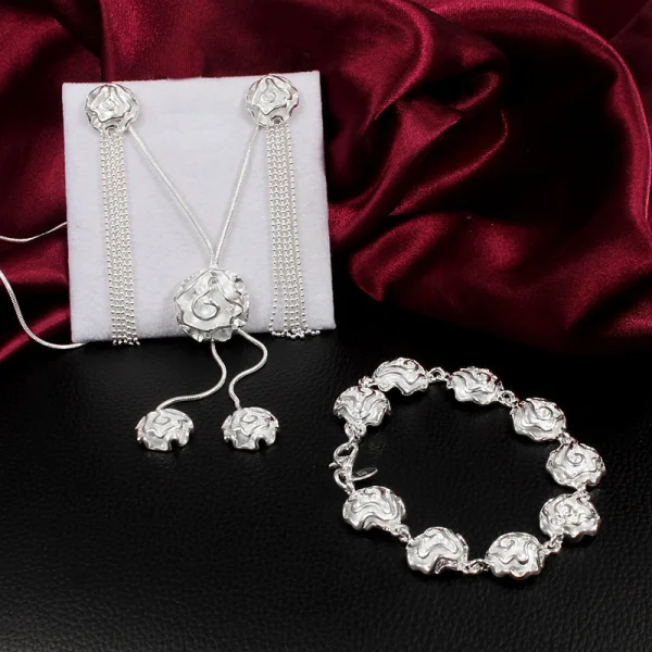 

Hot Fashion Pretty Rose flower 925 Sterling Silver necklace bracelet earring Jewelry set for women Party wedding Holiday gifts