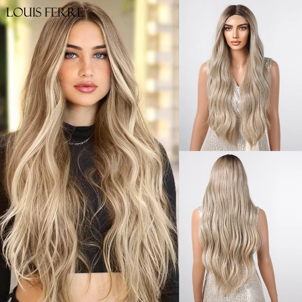 

LOUIS FERRE Gray Brown Ombre Lace Frontal Wigs for Women Long Wavy Curly Hair Middle Part Black Roots Wigs for Daily Use Cosplay